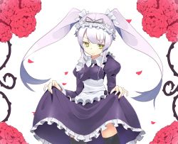 Rule 34 | 1girl, breasts, clothes lift, dress, dress lift, flower, green eyes, highres, long hair, maid, maid headdress, original, red flower, red rose, rose, smile, snowflyer, solo, thighhighs, thorns, twintails, white hair