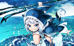 Rule 34 | 1girl, animal hood, bare legs, blue eyes, blue footwear, blue hair, blue hoodie, blue sky, closed mouth, cloud, cloudy sky, commentary, day, fins, fish tail, full body, gawr gura, gawr gura (1st costume), glint, grin, highres, holding, holding weapon, hololive, hololive english, hood, hoodie, looking at viewer, medium hair, motion blur, multicolored hair, ocean, outdoors, polearm, running, running on liquid, sakino shingetsu, shark hood, shark tail, sharp teeth, shoes, silver hair, sky, smile, solo, splashing, streaked hair, tail, teeth, trident, two-tone hair, virtual youtuber, water drop, weapon