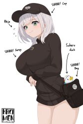 Rule 34 | 1girl, absurdres, alternate costume, artist name, black bag, black headwear, black jacket, blush, breasts, commentary, english commentary, english text, flying sweatdrops, green eyes, grey hair, hakimen, highres, hololive, huge breasts, jacket, looking at viewer, shirogane noel, short hair, solo, subaru duck, thighs, virtual youtuber, white background