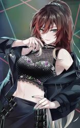 Rule 34 | 1girl, aketa mikoto, artist name, bare shoulders, belt, black belt, black choker, black jacket, black shorts, bow, breasts, brown hair, choker, cleavage, crop top, earrings, fishnets, gradient hair, green nails, highres, idolmaster, idolmaster shiny colors, jacket, jacket partially removed, jewelry, kwanmaengg, large breasts, looking at viewer, microphone, multicolored hair, nail polish, navel, necklace, ponytail, shorts, smile, solo