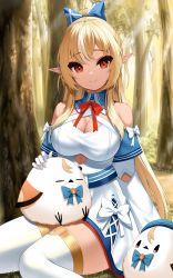 Rule 34 | 1girl, absurdres, bare shoulders, bird on lap, blonde hair, blue bow, bow, bowtie, breasts, cleavage, cleavage cutout, closed mouth, clothing cutout, dark-skinned female, dark skin, day, dress, elf, elfriend (shiranui flare), forest, hair bow, highres, hololive, large breasts, long hair, long sleeves, looking at viewer, nature, outdoors, petting, pointy ears, ponytail, red eyes, roina (effj7473), shiranui flare, shiranui flare (1st costume), sitting, smile, solo, thighhighs, very long hair, virtual youtuber, white dress, white thighhighs