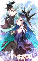 Rule 34 | 1boy, 1girl, absurdres, armor, asada sadao, bad id, bad pixiv id, black hair, blue eyes, blue hair, blush, brynhildr (fate), fate/grand order, fate (series), gauntlets, glasses, gloves, hair ornament, hand on another&#039;s shoulder, highres, long hair, multicolored hair, open mouth, purple eyes, sigurd (fate), skirt, smile, spiked armor, tears, thighhighs, two-tone hair, very long hair, white hair, wing hair ornament