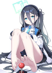 Rule 34 | 1girl, absurdres, aqua halo, aris (blue archive), barefoot, black hair, blue archive, blue eyes, blush, feet, hairband, halo, highres, little egg, long hair, looking at viewer, smile, soles, toes
