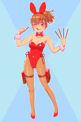 Rule 34 | 1girl, animal ears, blue background, bow, bowtie, box, brown hair, brown pantyhose, detached collar, fake animal ears, food, fukusuke hachi-gou, full body, highres, leotard, looking at viewer, original, pantyhose, playboy bunny, pocky, pocky day, ponytail, rabbit ears, red bow, red bowtie, red eyes, red leotard, short hair, short ponytail, solo, standing, strapless, strapless leotard, wrist cuffs