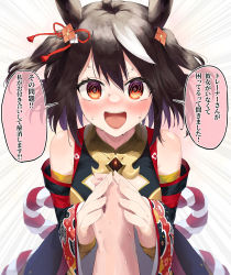 Rule 34 | 1girl, @ @, animal ears, black hair, detached sleeves, hair ornament, highres, holding hands, horse ears, horse girl, kitasan black (umamusume), looking at viewer, open mouth, pov, pov hands, red eyes, simple background, solo, sweat, nervous sweating, tark (318), translation request, umamusume, white background