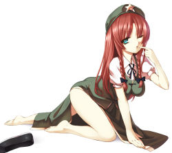 Rule 34 | 1girl, aqua eyes, bad id, bad pixiv id, barefoot, blue eyes, braid, breasts, chinese clothes, crawling, feet, female focus, finger to mouth, hat, hong meiling, long hair, one eye closed, red hair, solo, takemori shintarou, touhou, twin braids, wink