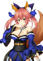 Rule 34 | 10s, 1girl, absurdres, animal ears, blue legwear, blush, breasts, cleavage, detached sleeves, fate/extra, fate/extra ccc, fate/grand order, fate (series), fox ears, fox tail, hair ribbon, highres, japanese clothes, large breasts, pink hair, ribbon, simple background, solo, tail, tamamo no mae (fate/extra), white background, yellow eyes
