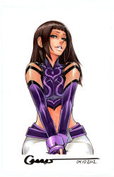 Rule 34 | 1girl, alternate hairstyle, brown hair, capcom, dated, detached sleeves, drill hair, elbow gloves, fingerless gloves, gloves, hair down, halterneck, han juri, lips, long hair, marker (medium), midriff, navel, omar dogan, purple eyes, signature, simple background, solo, street fighter, street fighter iv (series), traditional media