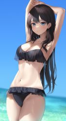 Rule 34 | 1girl, absurdres, armpits, arms up, bad id, bad twitter id, bikini, black bikini, black hair, blue eyes, blue sky, blush, breasts, cleavage, closed mouth, cowboy shot, frilled bikini, frills, groin, highres, long hair, looking at viewer, medium breasts, navel, ocean, original, outdoors, revision, sky, solcha, solo, standing, stomach, swimsuit, very long hair, wet