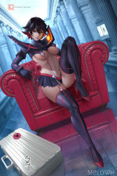 Rule 34 | 1girl, absurdres, black hair, blue eyes, boots, breasts, chair, high heel boots, high heels, highres, kill la kill, large breasts, looking at viewer, matoi ryuuko, melowh, multicolored hair, red hair, short hair, sitting, skirt, solo, thigh boots, thighhighs, underboob