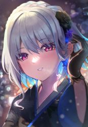 Rule 34 | 1girl, absurdres, amane sora, black gloves, blue hair, colored inner hair, commentary request, eyes visible through hair, gloves, hair between eyes, highres, japanese clothes, kimono, lize helesta, lize helesta (6th costume), looking at viewer, multicolored hair, nijisanji, parted lips, portrait, short hair, silver hair, solo, virtual youtuber