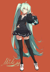 Rule 34 | 1girl, absurdly long hair, ahoge, bag, black bag, black skirt, black sweater, black thighhighs, blue eyes, blue hair, character name, choker, closed mouth, collarbone, collared shirt, contrapposto, dress shirt, floating hair, full body, hair between eyes, hatsune miku, head tilt, highres, holding, holding bag, leg tattoo, long hair, long sleeves, looking at viewer, miniskirt, orange background, pleated skirt, school bag, shirt, simple background, skirt, smile, solo, standing, sweater, taka (0taka), tattoo, thighhighs, twintails, very long hair, vocaloid, white shirt, wing collar, zettai ryouiki