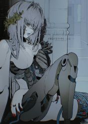 Rule 34 | 1girl, android, artist name, breasts, cable, flower, grey hair, head tilt, head wreath, highres, indie virtual youtuber, looking down, medium breasts, metal skin, nail polish, no humans, red nails, science fiction, sitting, solo, the cecile, the cecile (vtuber), virtual youtuber, yellow eyes, yellow flower