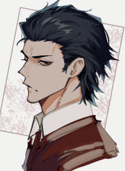 Rule 34 | 1boy, absurdres, black hair, collared shirt, facing to the side, fate/grand order, fate (series), hair slicked back, haruakira, highres, hijikata toshizou (fate), jacket, looking at viewer, male focus, portrait, red eyes, shirt, short hair, solo, white shirt