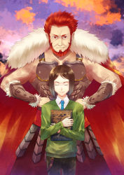 Rule 34 | 2boys, armor, beard, book, hugging book, brown hair, cape, closed eyes, facial hair, fate/zero, fate (series), hands on own hips, highres, holding, holding book, iskandar (fate), male focus, multiple boys, hugging object, parted bangs, red eyes, red hair, size difference, suizhiqi, waver velvet