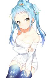 Rule 34 | 1girl, bare shoulders, blue hair, blue thighhighs, breasts, cleavage, closed mouth, collarbone, commentary, dutch angle, garter straps, hair intakes, highres, large breasts, long hair, looking at viewer, niito, original, raised eyebrows, simple background, sitting, sleeves past wrists, solo, thighhighs, thighs, twintails, white background, yellow eyes