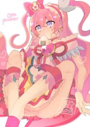Rule 34 | 1girl, apron, boots, bow, brooch, character name, choker, cone hair bun, cure precious, delicious party precure, double bun, food, frilled hairband, frills, gloves, hair bow, hair bun, hair ornament, hairband, heart, heart brooch, highres, jewelry, knee boots, long hair, looking to the side, mouth hold, nagomi yui, onigiri, pink bow, pink choker, pink hair, pink hairband, precure, purple eyes, signature, simple background, sitting, solo, star (symbol), star in eye, symbol in eye, two side up, uzuki kouma, white apron, white background, white footwear, white gloves