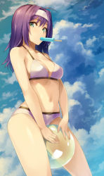Rule 34 | 1girl, ball, beachball, bikini, blue sky, breasts, cleavage, cloud, cloudy sky, day, fire emblem, fire emblem: path of radiance, food, food in mouth, green eyes, hairband, highres, looking at viewer, medium breasts, medium hair, mia (fire emblem), navel, nintendo, outdoors, popsicle, purple hair, sajittari, sky, solo, swimsuit, white hairband