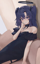 Rule 34 | 1girl, absurdres, alternate costume, bburi, black dress, blue archive, blush, breasts, cleavage, closed mouth, dress, hair between eyes, halo, highres, large breasts, long hair, looking at viewer, mechanical halo, purple eyes, purple hair, solo, thigh strap, two side up, yuuka (blue archive)