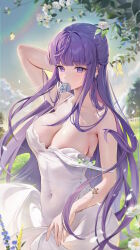 Rule 34 | 1girl, absurdres, arm behind head, blush, breasts, bug, butterfly, cleavage, covered navel, dress, fern (sousou no frieren), half updo, highres, houkisei, insect, large breasts, long hair, looking at viewer, mouth hold, outdoors, purple eyes, purple hair, sleeveless, sleeveless dress, solo, sousou no frieren, strap slip, very long hair, white dress