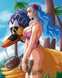 Rule 34 | 1girl, alternate costume, animal, bare shoulders, bird, blue hair, breasts, cleavage cutout, clothing cutout, female focus, highres, karoo (one piece), large breasts, looking away, nefertari vivi, one piece, purple eyes, solo, swimsuit, thighhighs, thighs
