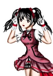 Rule 34 | 1girl, artist name, artist request, black bow, black hair, blush, boots, bow, double v, earrings, female focus, frilled thighhighs, frills, gloves, hair bow, hair ornament, head tilt, jewelry, kira-kira sensation!, knee boots, layered skirt, long hair, love live!, love live! school idol festival, love live! school idol project, miniskirt, parted lips, red bow, red eyes, red shirt, see-through, shirt, short sleeves, skirt, smile, solo, standing, thighhighs, twintails, v, white background, white gloves, white thighhighs, yazawa nico