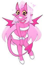 Rule 34 | 1girl, bent over, black eyes, breasts, choker, cleavage, colored sclera, colored skin, demon girl, demon horns, demon tail, demon wings, fangs, grin, hands on own knees, heart, horns, large breasts, long hair, looking at viewer, midriff, navel, pink hair, pink skin, pointy ears, shirt, shoes, skirt, smile, spiked choker, spikes, sprayjea, standing, strapless, symbol-shaped pupils, tail, teeth, tube top, white background, white footwear, white shirt, white skirt, wings, yellow sclera