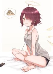 Rule 34 | 1girl, absurdres, ahoge, apple pie, arknights, bare arms, bare legs, bare shoulders, barefoot, bed sheet, black shorts, blush, breasts, brown eyes, collarbone, commentary request, earbuds, earphones, exusiai (arknights), food, grey tank top, hair over one eye, halo, highres, indian style, looking at viewer, mango (mgo), medium breasts, pie, red hair, short hair, short shorts, shorts, sitting, solo, tank top, thighs