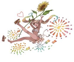 Rule 34 | 10s, 1girl, :d, ass, barefoot, bikini, blonde hair, blue eyes, flat chest, flower, frills, full body, granblue fantasy, hair flower, hair ornament, io (granblue fantasy), io (summer) (granblue fantasy), jumping, minaba hideo, multicolored hair, official art, open mouth, sandals, shoes, single shoe, smile, solo, sunflower, swimsuit, tan, transparent background, twintails