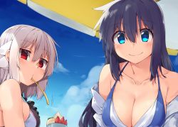 Rule 34 | 2girls, adyisu, altair floone, area aquamarine, bare shoulders, beach umbrella, bikini, black bikini, black hair, blue bikini, blue eyes, blush, breasts, cleavage, closed mouth, collarbone, commentary request, cream, day, eating, food, frilled bikini, frills, fruit, horns, large breasts, long hair, looking at viewer, mouth hold, multiple girls, off shoulder, original, outdoors, red eyes, smile, strawberry, swimsuit, twitter username, umbrella, upper body, white hair
