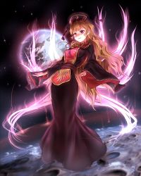 Rule 34 | 1girl, animal print, aura, black dress, blonde hair, breasts, chinese clothes, dress, earth (planet), energy, fox tail, full body, hat, highres, junko (touhou), leaning back, long hair, long sleeves, looking at viewer, minust, moon, multiple tails, obi, open hands, open mouth, orange hair, red eyes, ribbon, sash, shaded face, smile, solo, space, tabard, tail, touhou, very long hair, wide sleeves