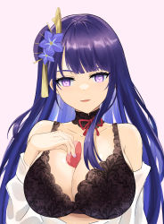 Rule 34 | 1girl, absurdres, alternate costume, black bra, blunt bangs, bow, bowtie, bra, breasts, candy, chocolate, chocolate heart, cleavage, collarbone, commentary request, contemporary, czk, food, genshin impact, hair ornament, heart, highres, holding, large breasts, long hair, long sleeves, looking at viewer, parted lips, purple eyes, purple hair, raiden shogun, sidelocks, simple background, smile, solo, underwear, valentine