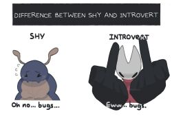 Rule 34 | &gt; &lt;, 1girl, alicezakat, arms up, arthropod girl, artist name, black eyes, black skin, blank eyes, blush, bretta (hollow knight), cloak, colored skin, cropped torso, difference between shy and introvert (meme), disgust, double middle finger, embarrassed, english text, facing viewer, female focus, flying sweatdrops, foreshortening, furrowed brow, half-closed eyes, high collar, highres, hollow knight, hornet (hollow knight), larva, looking at viewer, meme, middle finger, outstretched arms, raised eyebrows, red cloak, shy, simple background, straight-on, talking, twitter username, upper body, v-shaped eyebrows, watermark, white background