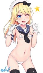 Rule 34 | 1girl, bad id, bad pixiv id, bikini, black thighhighs, blonde hair, blue eyes, blue sailor collar, cowboy shot, gloves, hat, highres, ishiusu, jervis (kancolle), kantai collection, long hair, looking at viewer, micro bikini, one eye closed, open mouth, sailor collar, sailor hat, short sleeves, signature, simple background, solo, swimsuit, thighhighs, twitter username, white background, white bikini, white gloves, white hat