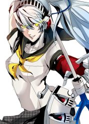 Rule 34 | 1girl, arm up, axe, blue hair, breasts, glowing, glowing eyes, hair between eyes, highres, joints, labrys (persona), lips, long hair, looking at viewer, mechanical arms, mechanical parts, parted lips, persona, persona 4, persona 4: the ultimate in mayonaka arena, pertex 777, ponytail, red eyes, robot, robot joints, school uniform, shadow (persona), shadow labrys, simple background, skirt, solo, very long hair, white background, yellow eyes