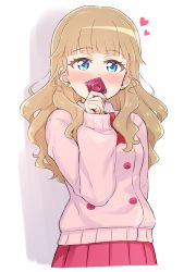 Rule 34 | 1girl, blue eyes, blush, bow, bowtie, brown hair, condom, covering own mouth, earrings, heart, jewelry, long hair, long sleeves, looking at viewer, mewkledreamy, pink sweater, school uniform, shirt, simple background, skirt, solo, sweater, tsukishima maira, wavy hair, white background, yoban