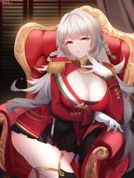 Rule 34 | 1girl, absurdres, azur lane, black skirt, braid, breasts, cleavage, couch, gloves, highres, indoors, italian flag, large breasts, lingshalan, long hair, looking at viewer, medal, microskirt, military, military uniform, parted lips, pleated skirt, sitting, skirt, solo, twin braids, uniform, very long hair, vittorio veneto (azur lane), white gloves