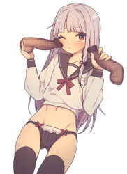 Rule 34 | 1girl, black panties, black sailor collar, black thighhighs, blunt bangs, blush, censored, closed mouth, commentary, cowboy shot, disembodied penis, dot nose, double handjob, dutch angle, everyntrge, gluteal fold, group sex, handjob, long hair, long sleeves, mmf threesome, mosaic censoring, navel, no pants, one eye closed, original, paid reward available, panties, penis, red eyes, red ribbon, ribbon, sailor collar, school uniform, serafuku, sidelocks, simple background, solo, tearing up, thighhighs, threesome, underwear, white background, white hair