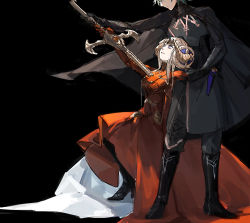 Rule 34 | 1boy, 1girl, byleth (fire emblem), byleth (male) (fire emblem), edelgard von hresvelg, fire emblem, fire emblem: three houses, gloves, green hair, heroes relic (fire emblem), kneeling, looking at another, nintendo, purple eyes, standing, sword, sword of the creator, weapon, white hair