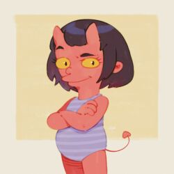 Rule 34 | 1girl, alkemanubis, april fools, black eyes, black hair, colored sclera, colored skin, crossed arms, demon girl, demon horns, demon tail, grey one-piece swimsuit, highres, horns, looking at viewer, one-piece swimsuit, parody, raised eyebrow, red skin, short hair, smile, standing, striped clothes, striped one-piece swimsuit, style parody, swimsuit, tail, the simpsons, yellow background, yellow sclera