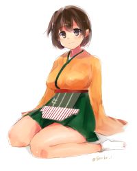 Rule 34 | 10s, 1girl, asymmetrical hair, bad id, bad pixiv id, blouse, breasts, brown eyes, brown hair, hiryuu (kancolle), japanese clothes, kantai collection, large breasts, long sleeves, orange shirt, personification, senbei (senbe i), shirt, short hair, side ponytail, sitting, skirt, smile, solo, wariza, wide sleeves