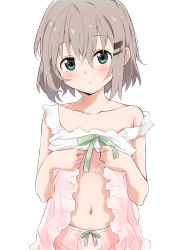 Rule 34 | 1girl, :o, absurdres, bloomers, bow, clothes lift, collarbone, commentary request, green eyes, hair ornament, hairclip, highres, lifted by self, light brown hair, looking at viewer, mousou (mousou temporary), navel, nightgown, see-through, shirt lift, short hair, simple background, sleepwear, solo, standing, underwear, white background, white bloomers, yama no susume, yukimura aoi