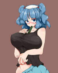 Rule 34 | 1girl, bald spot, black shirt, blouse, blue eyes, blue hair, blush, breasts, brown background, cucumber, female focus, impossible clothes, impossible shirt, kappa, kawashiro nitori, large breasts, looking at viewer, matching hair/eyes, navel, shirt, simple background, solo, tank top, toriga naku, touhou, twintails, two side up, webbed hands