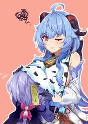 Rule 34 | 2girls, ahoge, alternate costume, animal print, bell, black gloves, blue hair, braid, cape, chinese clothes, commentary request, cow print, detached sleeves, ganyu (genshin impact), genshin impact, gloves, hair between eyes, highres, horns, hpapo, jiangshi, long hair, looking at viewer, low ponytail, multiple girls, neck bell, ofuda, one eye closed, parted lips, purple eyes, purple hair, qiqi (genshin impact), sidelocks, simple background, single braid, vision (genshin impact)