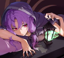 Rule 34 | 1girl, alternate costume, alternate eye color, arm support, bags under eyes, black nails, cloak, collarbone, commentary request, fire, fire, green fire, highres, holding, holding lantern, hood, hood up, hooded cloak, lantern, looking at viewer, lying, neck ribbon, on stomach, open mouth, pillow, purple cloak, purple hair, purple ribbon, red eyes, ribbon, short hair with long locks, solo, toriniku29, vocaloid, voiceroid, yuzuki yukari