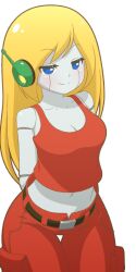 Rule 34 | 1girl, android, arms behind back, belt, blonde hair, blue eyes, breasts, cleavage, commentary, curly brace, doukutsu monogatari, earpiece, english commentary, game cg, half-closed eyes, large breasts, long hair, looking at viewer, mike inel, navel, pants, smile, solo, standing, tank top, transparent background