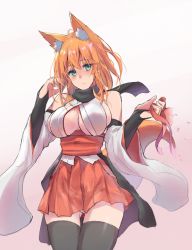 Rule 34 | 1girl, animal ear fluff, animal ears, bare shoulders, black scarf, black thighhighs, blush, breasts, cleavage, closed mouth, commentary request, detached sleeves, duplicate, fox ears, fox girl, fox tail, green eyes, hair between eyes, holding, holding ribbon, japanese clothes, large breasts, long hair, looking at viewer, obi, orange hair, original, panties, red ribbon, red sash, red skirt, ribbon, sash, sawaya (mizukazu), scarf, simple background, skirt, smile, solo, standing, tail, thighhighs, underwear, white background, white panties
