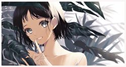 Rule 34 | 1girl, bare shoulders, black hair, collarbone, commentary request, grey eyes, grey nails, grin, hand up, highres, index finger raised, looking at viewer, nail polish, original, portrait, rain, short hair, smile, sogawa, solo, strap slip, wet, wet hair