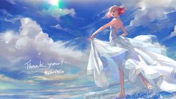Rule 34 | 1girl, absurdres, blonde hair, blue sky, brown hair, cloud, cyberlive, dress, english text, fang, highres, iekushi chapipi, lens flare, multicolored hair, ocean, pink hair, red eyes, short hair, shoulder blades, sky, soles, solo, standing, standing on one leg, thank you, ubwmitekure, virtual youtuber, white dress