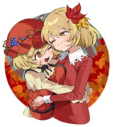 Rule 34 | 2girls, aki minoriko, aki shizuha, apron, blonde hair, breasts, closed mouth, collared shirt, commentary, fruit hat ornament, grape hat ornament, hair between eyes, hair ornament, hat, hat ornament, heart, highres, iroyopon, large breasts, leaf hair ornament, long sleeves, mob cap, multiple girls, one eye closed, open mouth, red apron, red eyes, red headwear, red shirt, shirt, short hair, siblings, sisters, small breasts, smile, symbol-only commentary, touhou, yellow eyes, yellow shirt